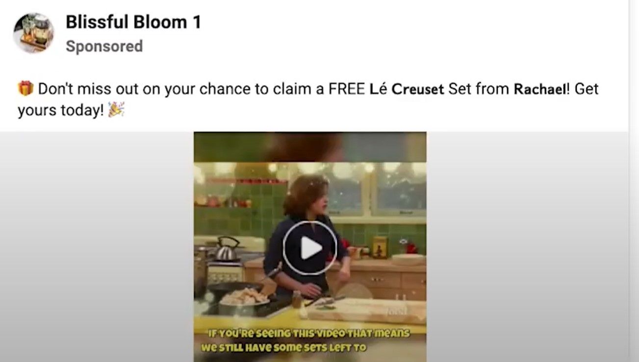 Fake Rachael Ray Ad About Free Le Creuset Giveaway on Facebook
