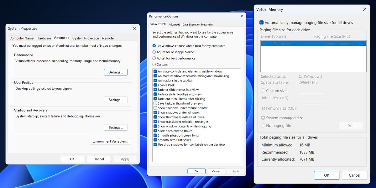File paging settings in Windows 11