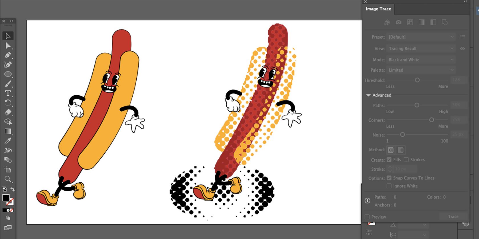 Halftone style hot dog illustration in Adobe Illustrator
