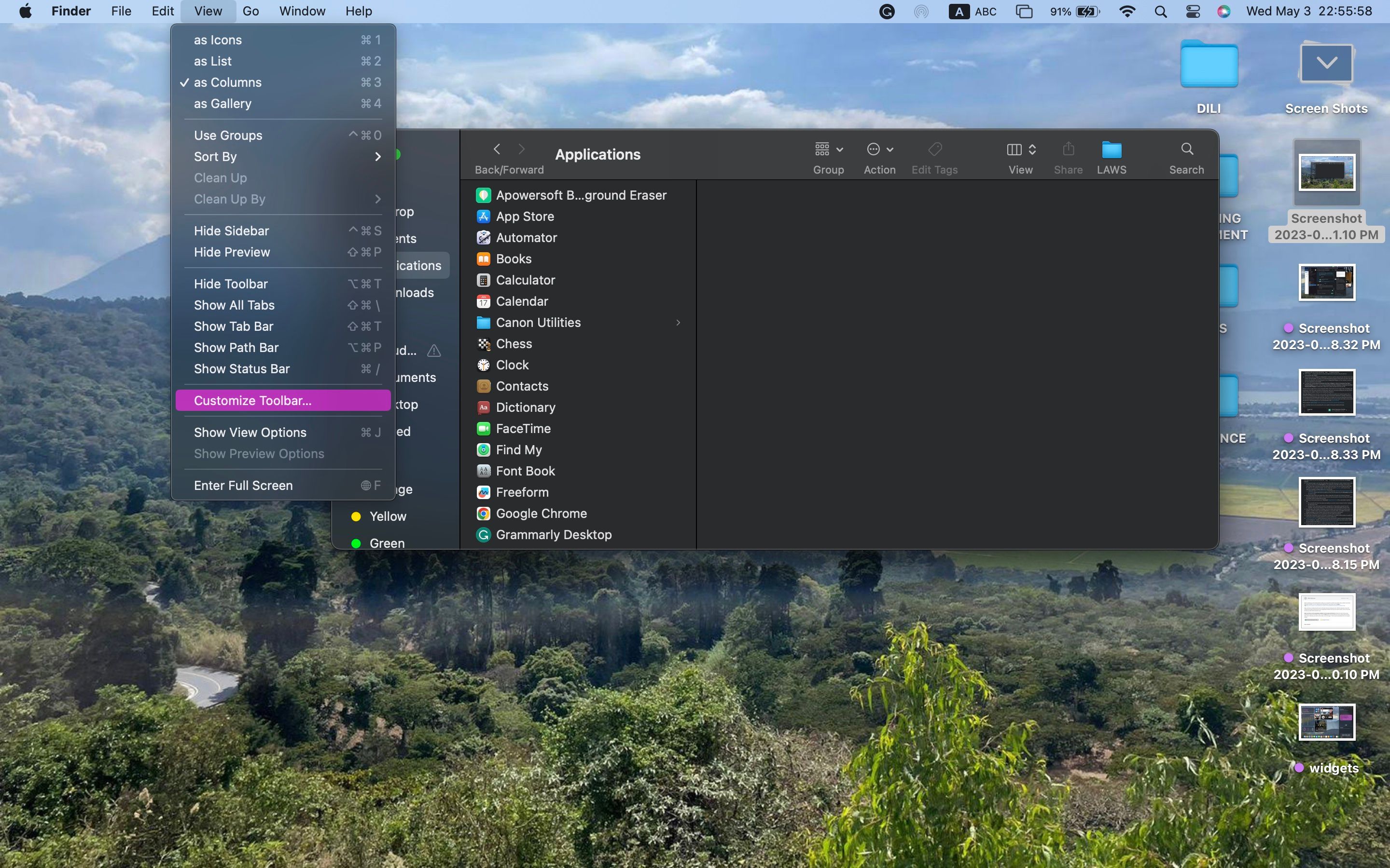 Customization menu for the Finder toolbar in macOS