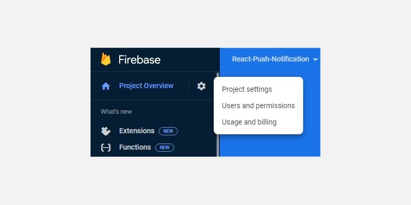 Firebase Project Settings button on the developer console overview page.