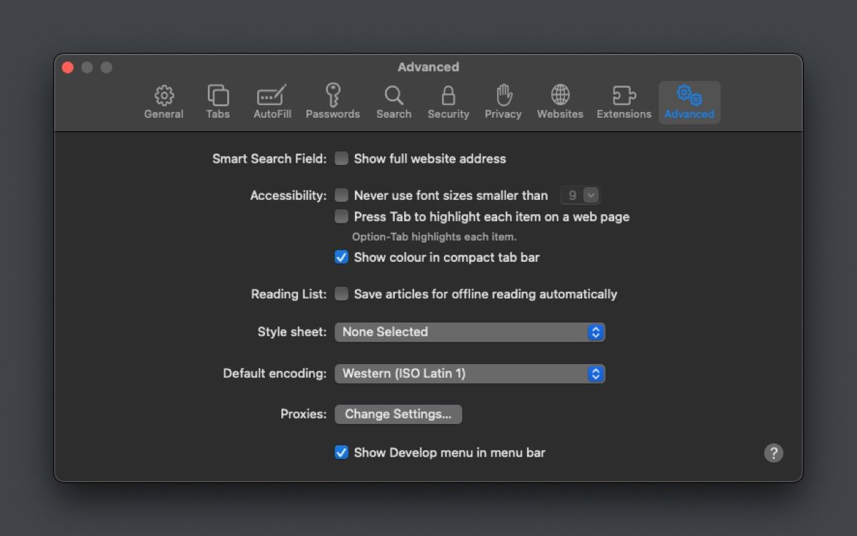 showing Develop menu in Safari on Mac