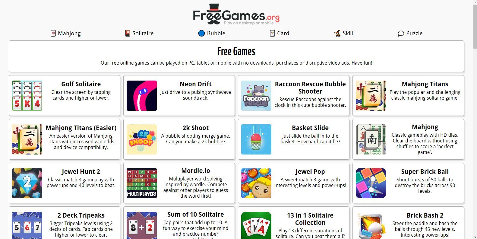 A Screenshot of FreeGames org Free Online Games Landing Page