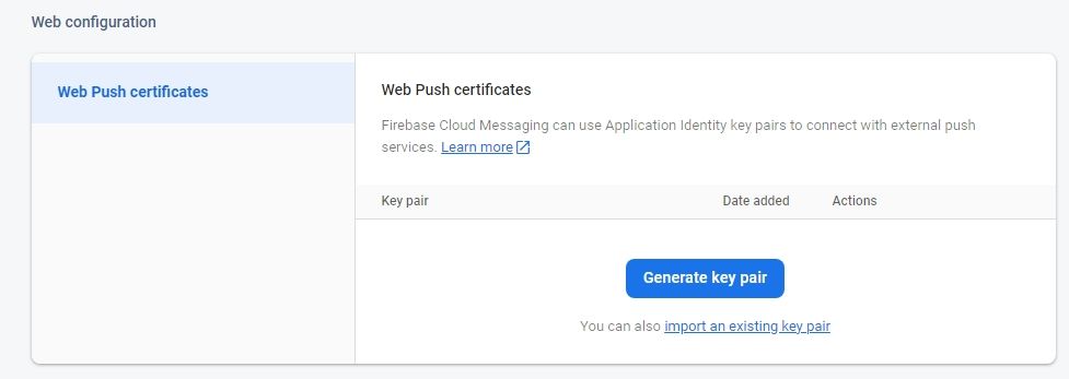 Generate Key Pair button on the web configuration section in Cloud messaging settings page.