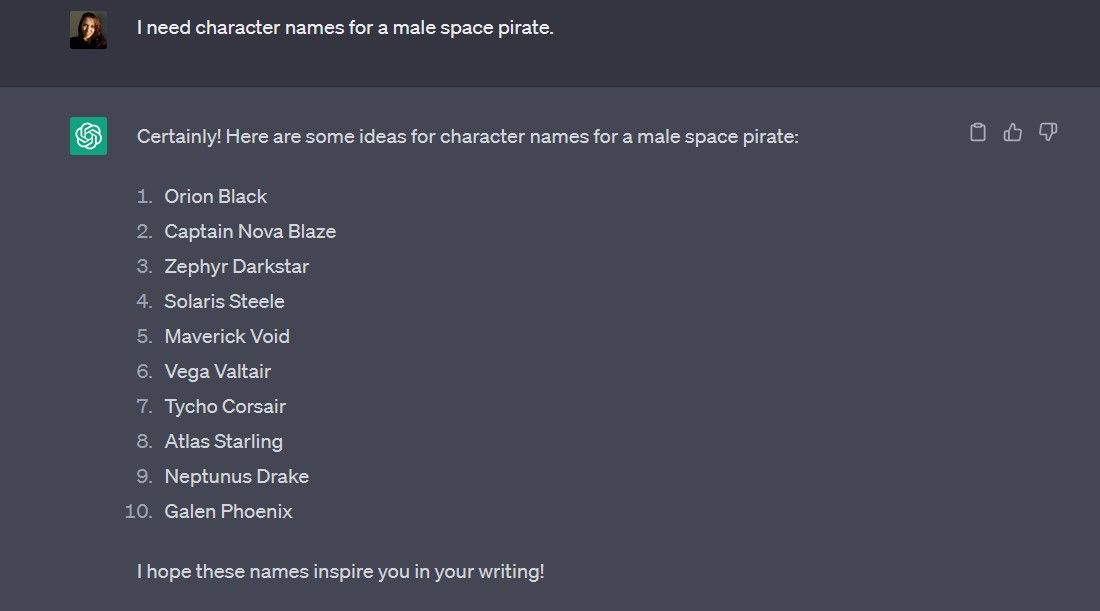 Tạo tên ký tự cho Space Pirates trên ChatGPT