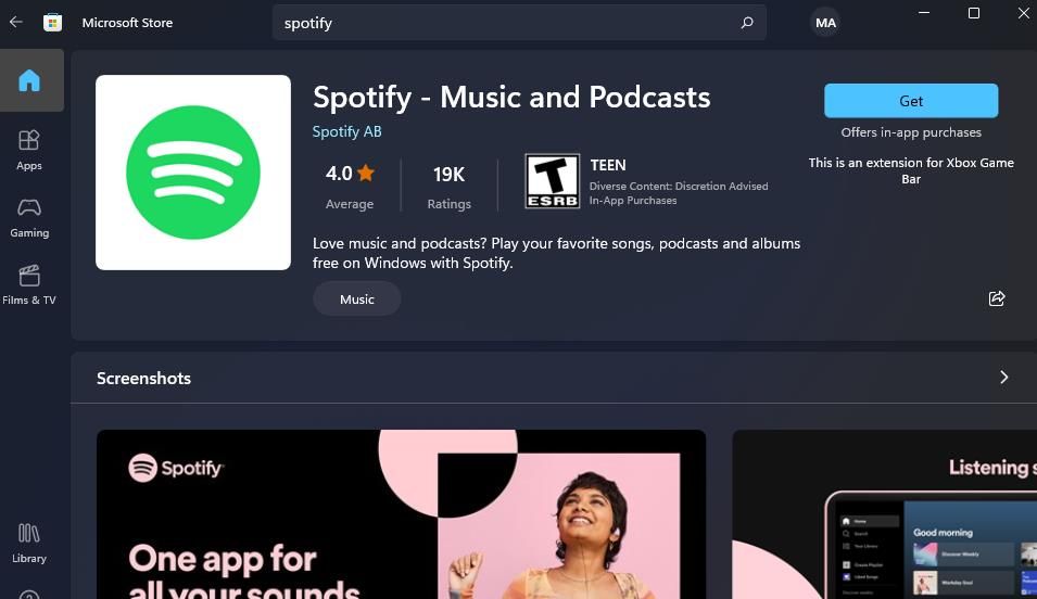 The Get option for the Spotify UWP app 