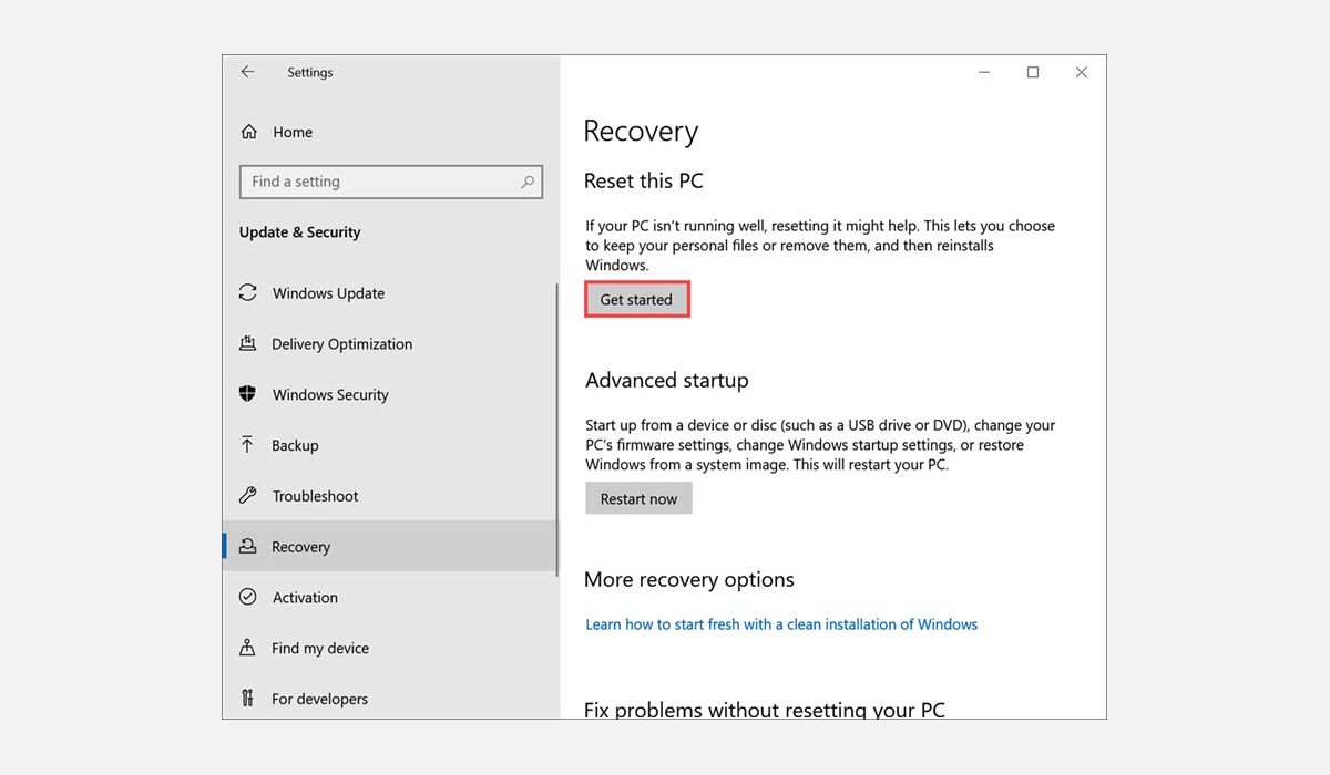 click Get started button under the Recovery options
