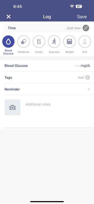 glucose buddy app blood glucose log page
