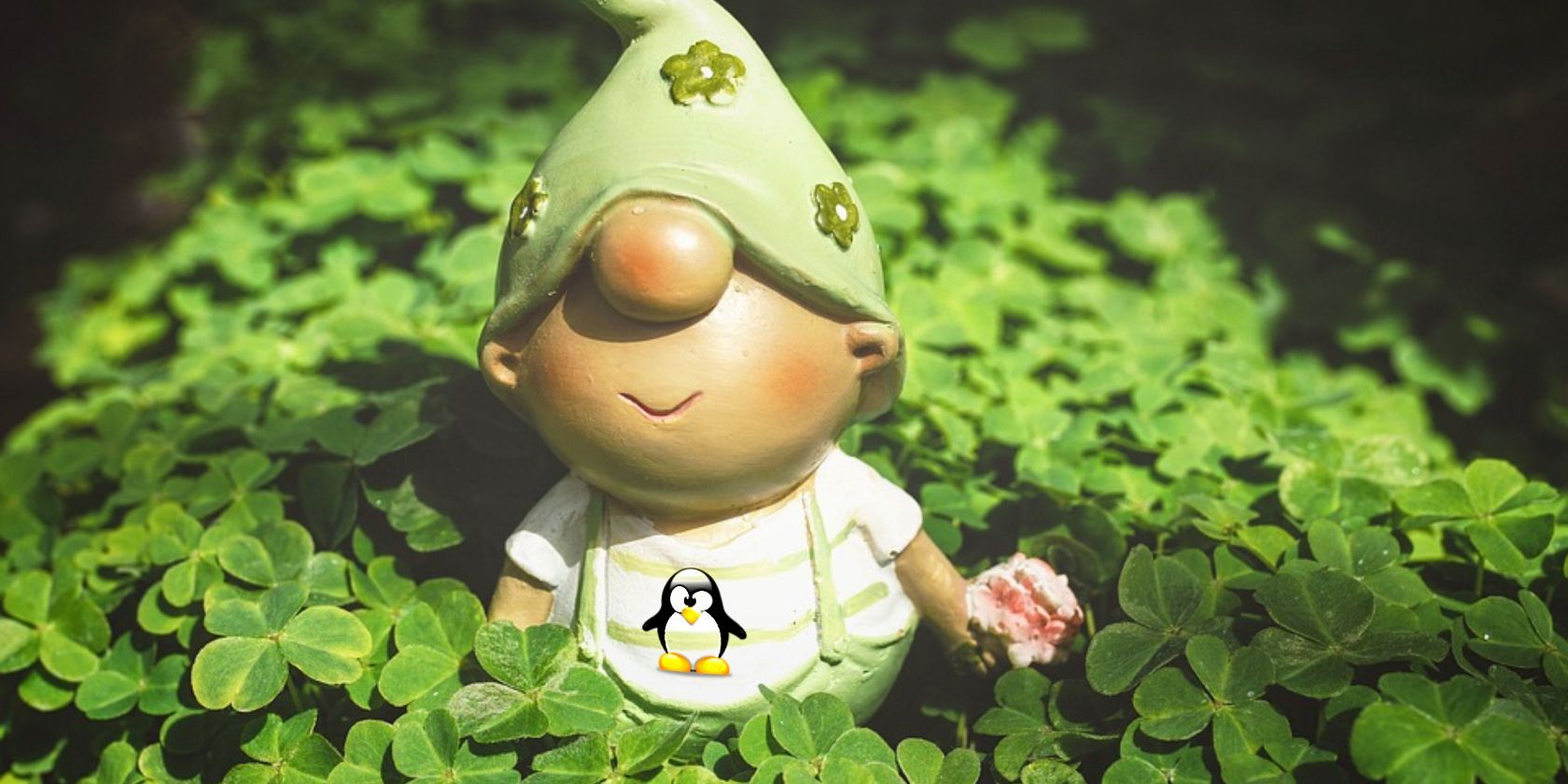 a gnome with the linux tux logo on his shirt