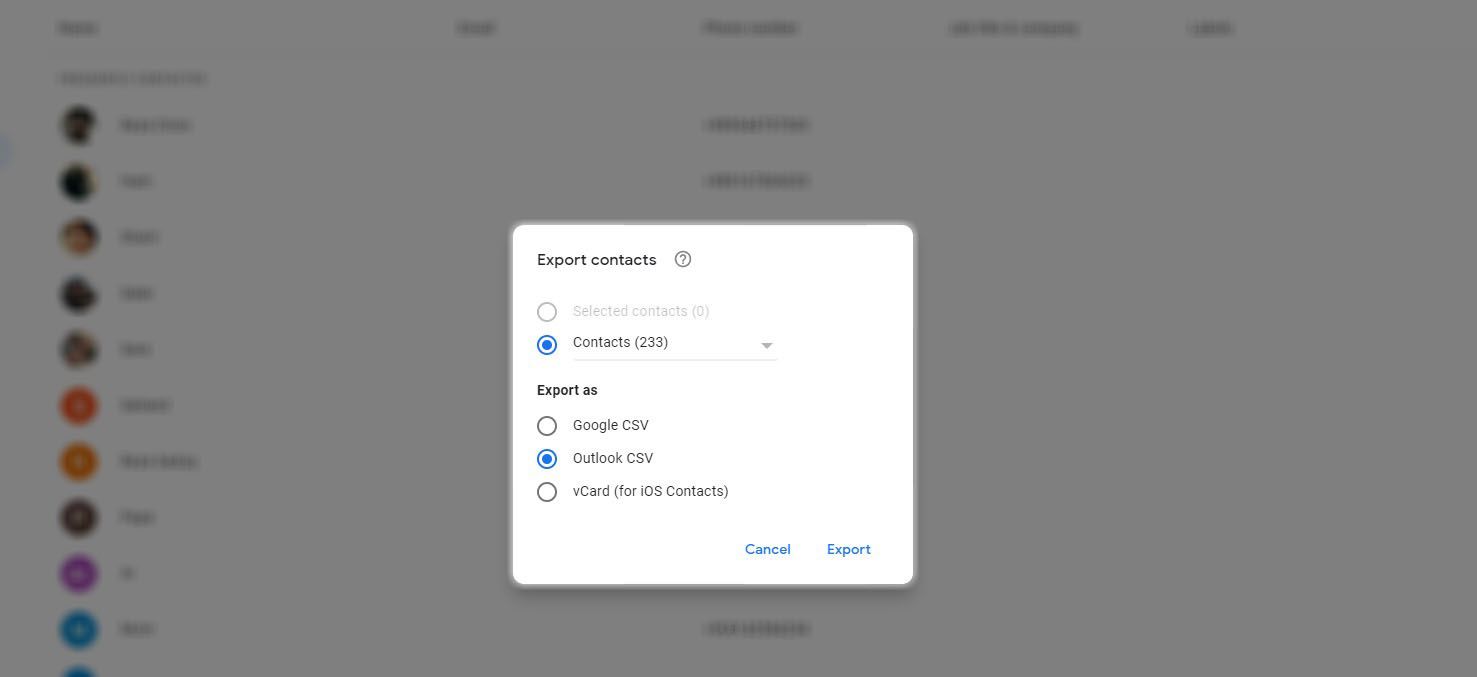 Exporting contacts in Gmail
