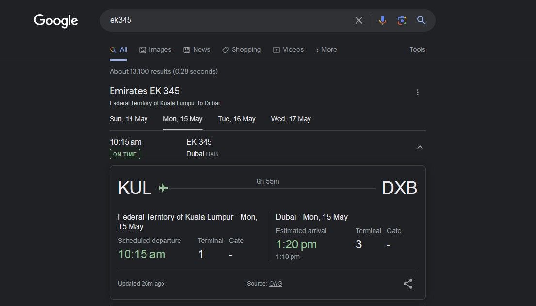 Google Flight Tracker search result