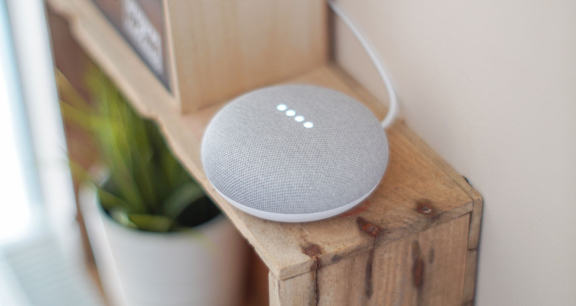image of google smart speaker on shelf