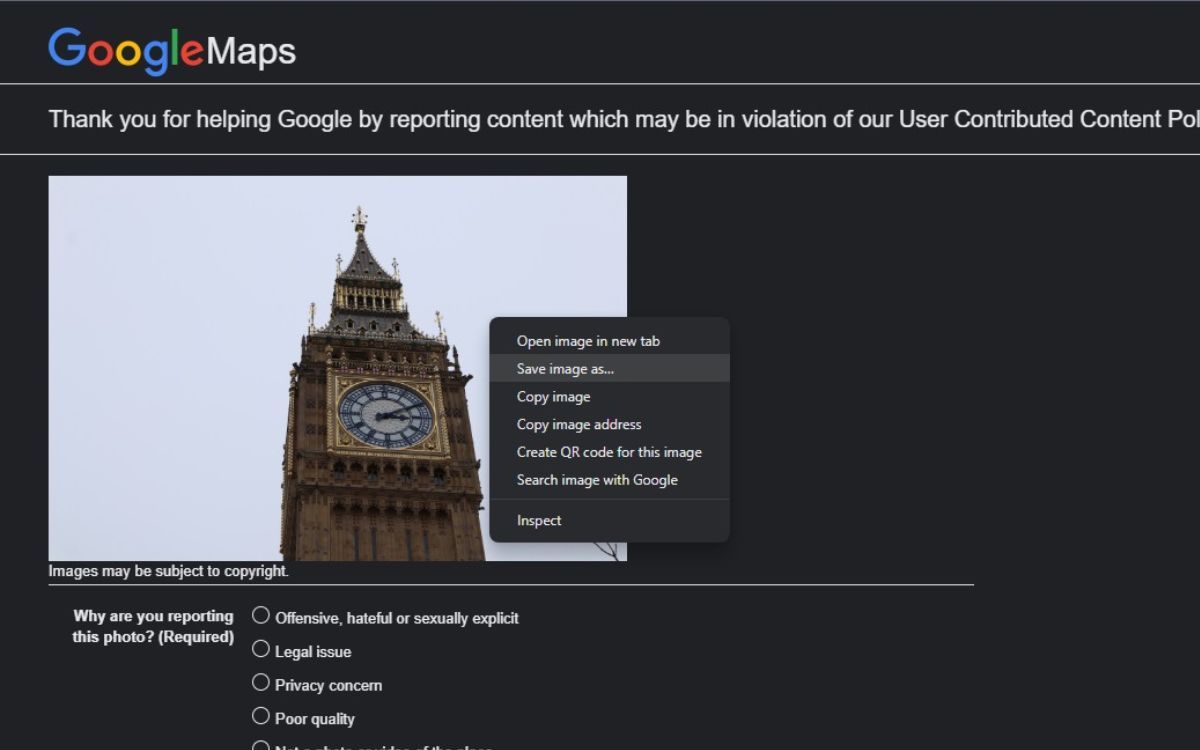 A screenshot of the Google Maps report page with the cursor over Save Image As from the context menu