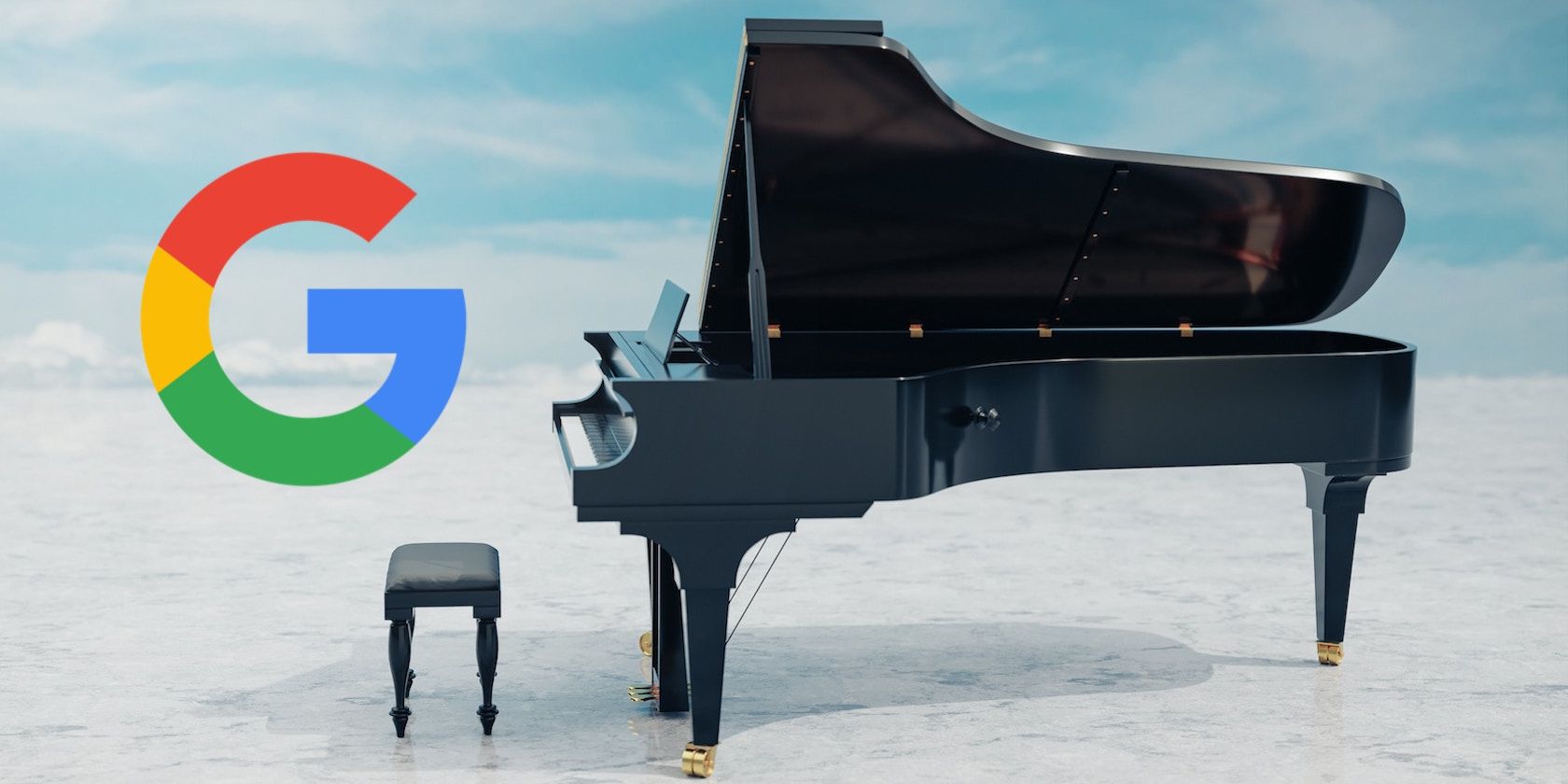 The google logo next to a grand piano on a blue sky background