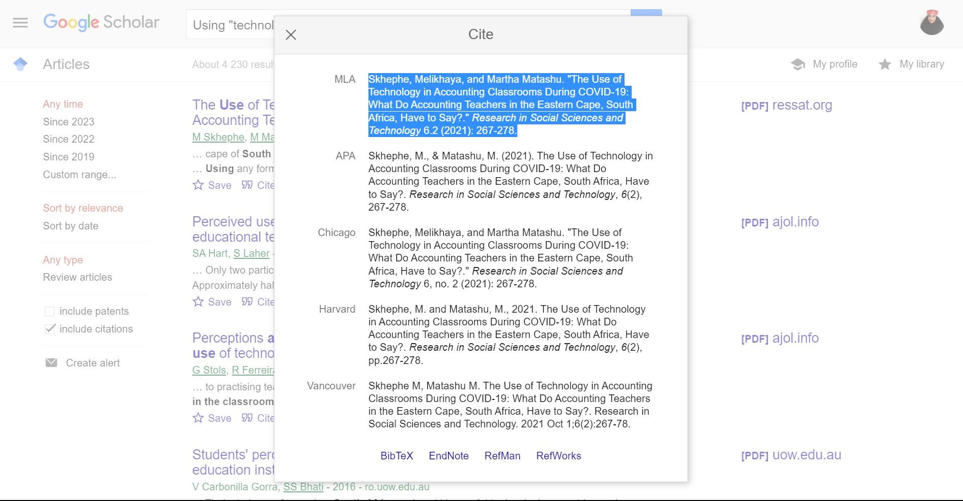 Article citation in Google Scholar