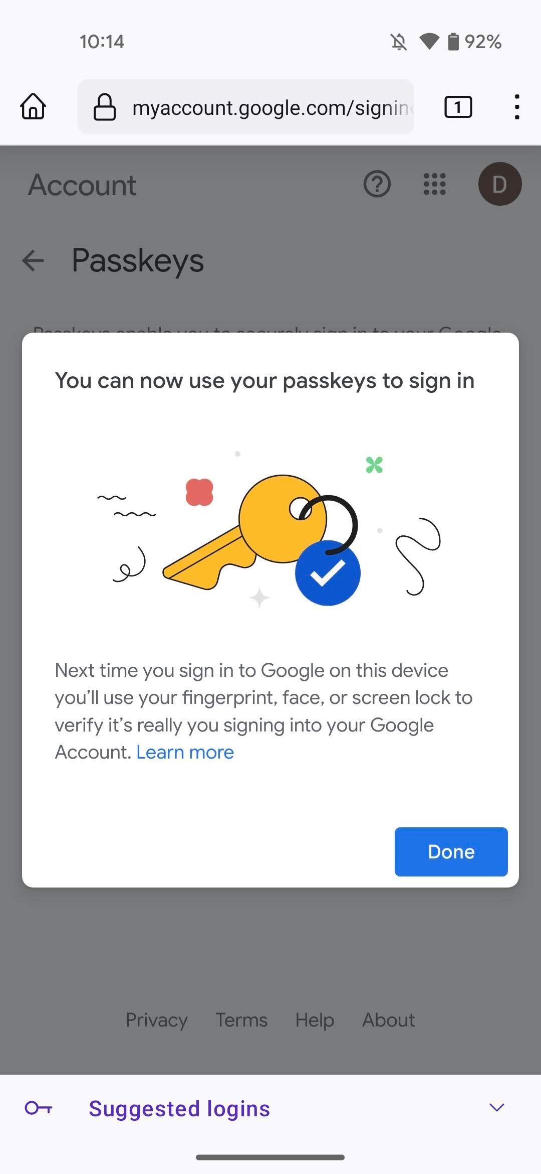 A prompt stating that you can now use your passwords to sign in to a Google account