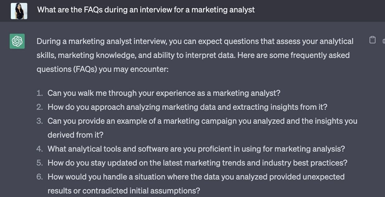 ChatGPT providing FAQs for marketing analyst interview