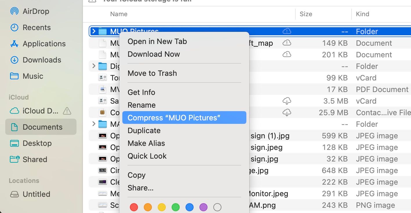 Highlighted Compress button in macOS contextual menu