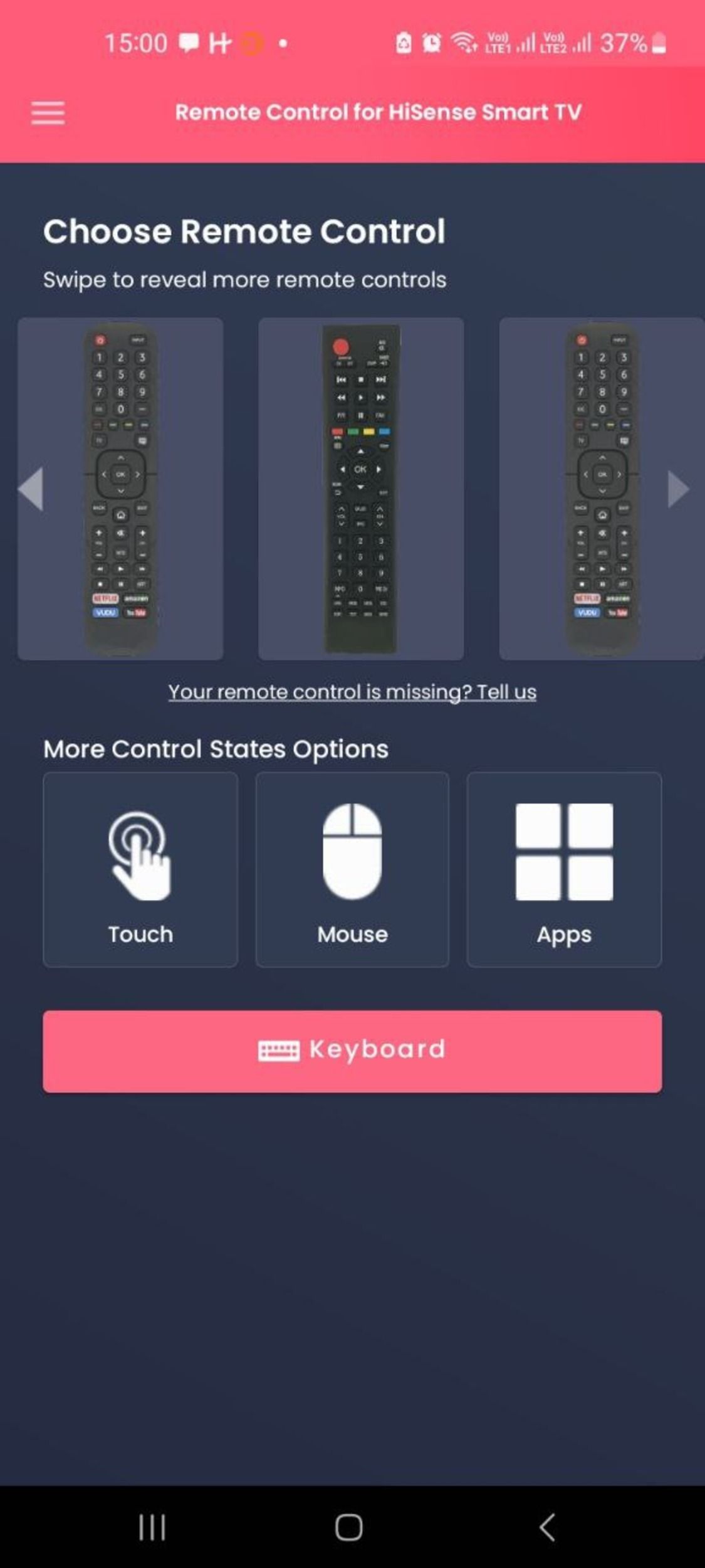 Hisense TV Remote app interface