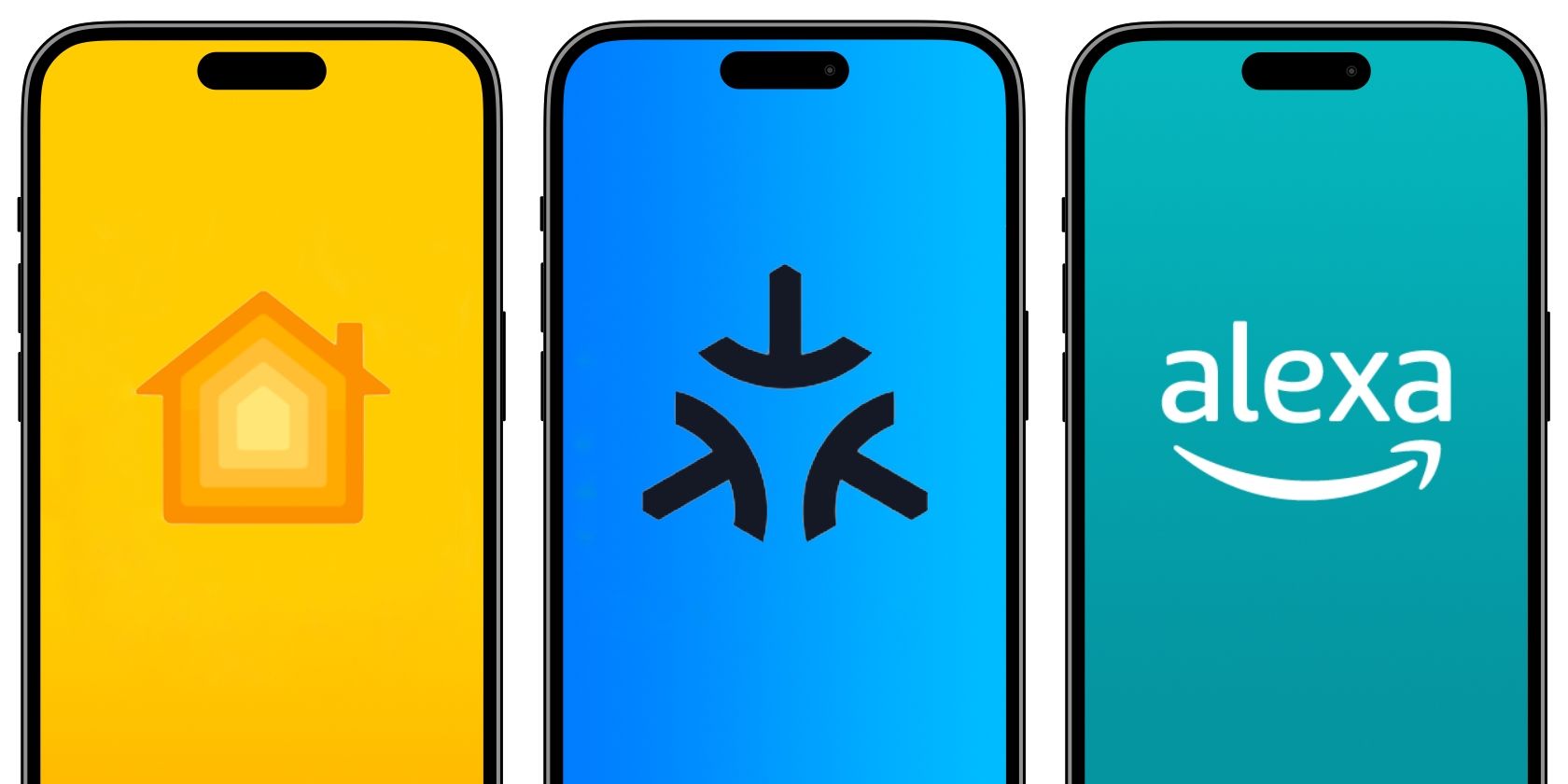 Home App, Matter, and Alexa logos displayed on three iPhones