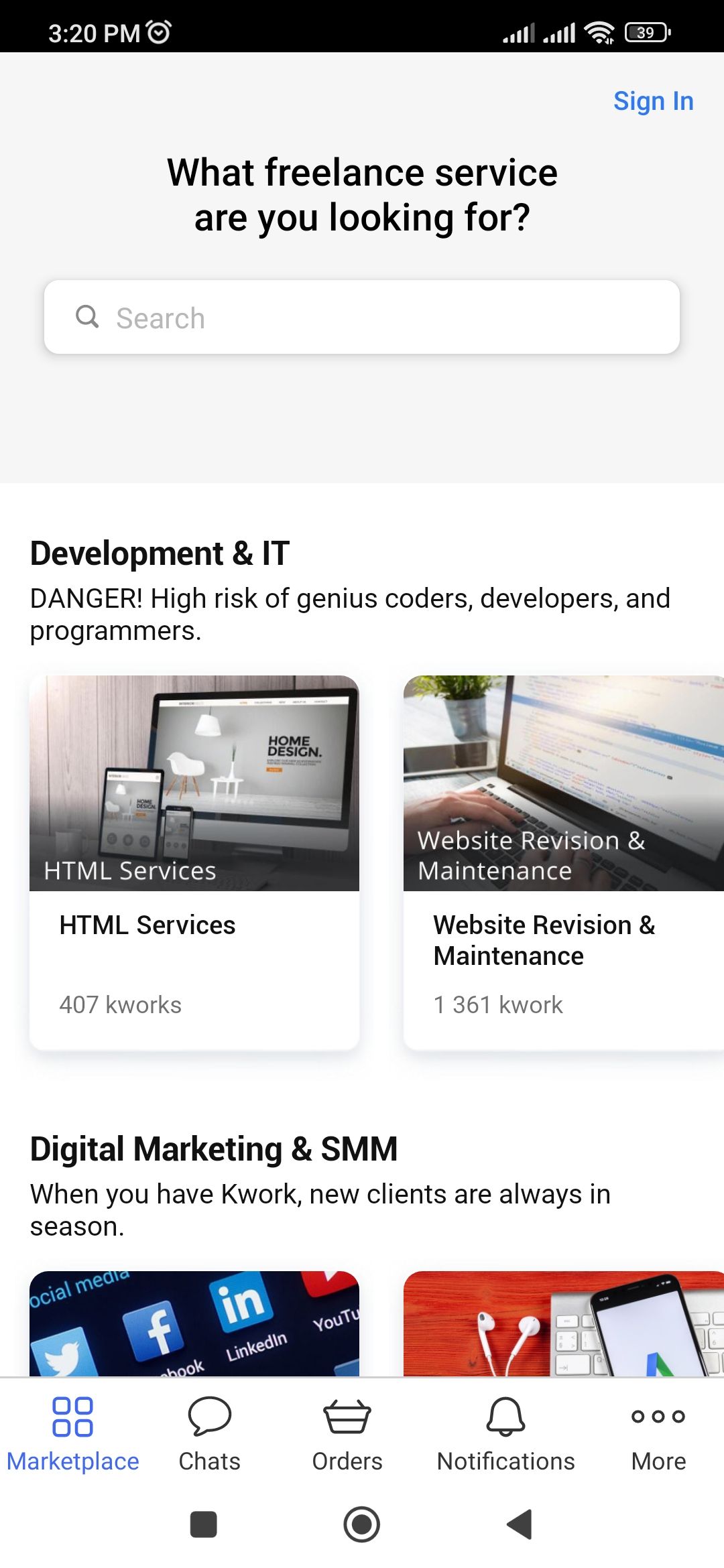 Home page of the Kwork app
