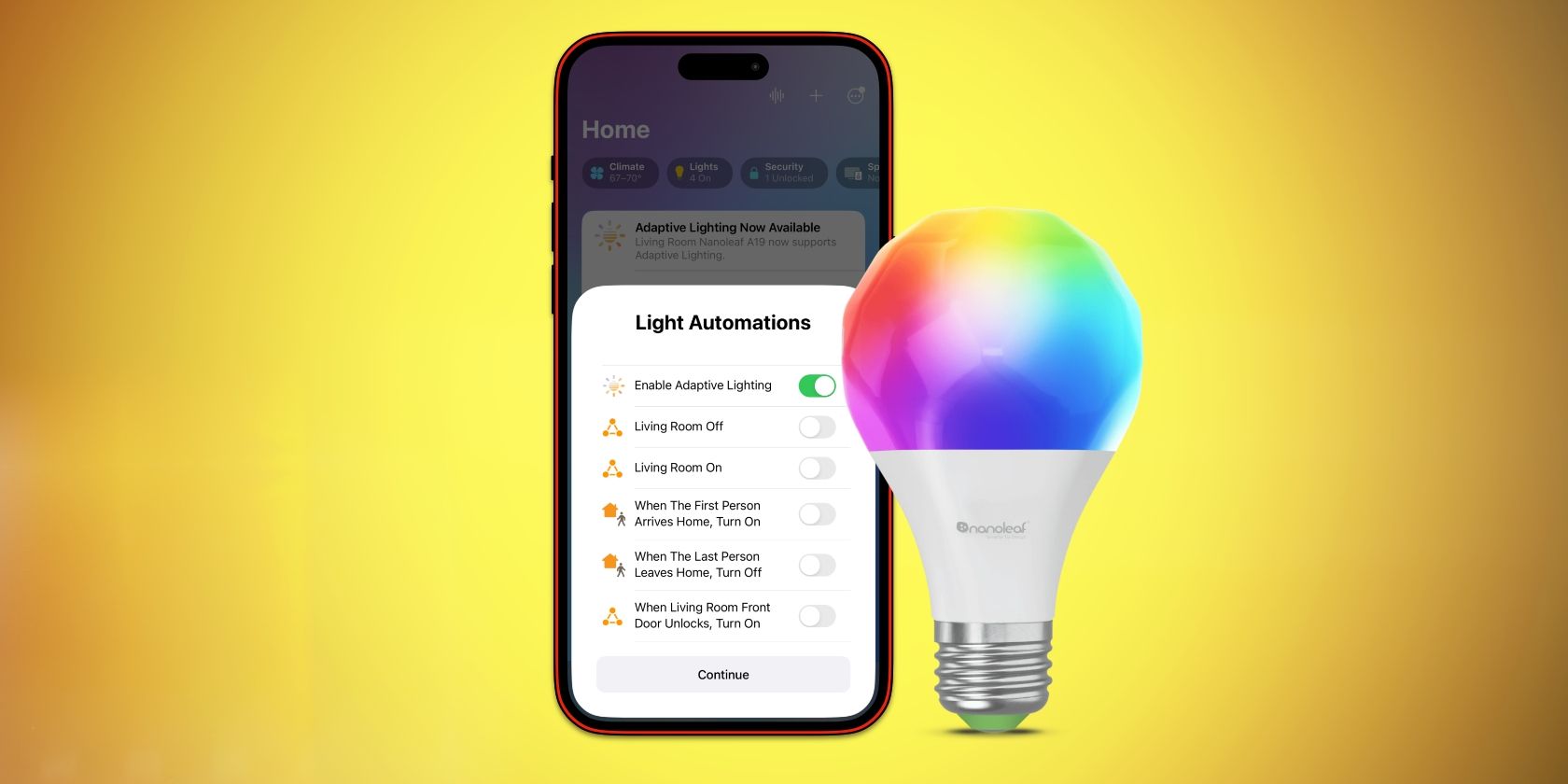 Luồng thiết lập HomeKit Adaptive Lighting hiển thị trên iPhone có bóng đèn Nanoleaf ở phía trước