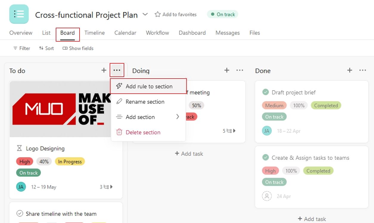 Creating section-based rules on the Asana interface