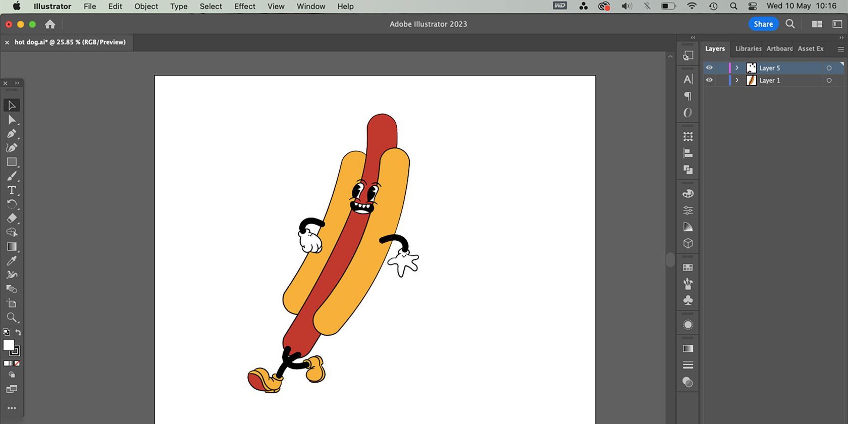 Adobe Illustrator with drawing of hot dog on artboard.