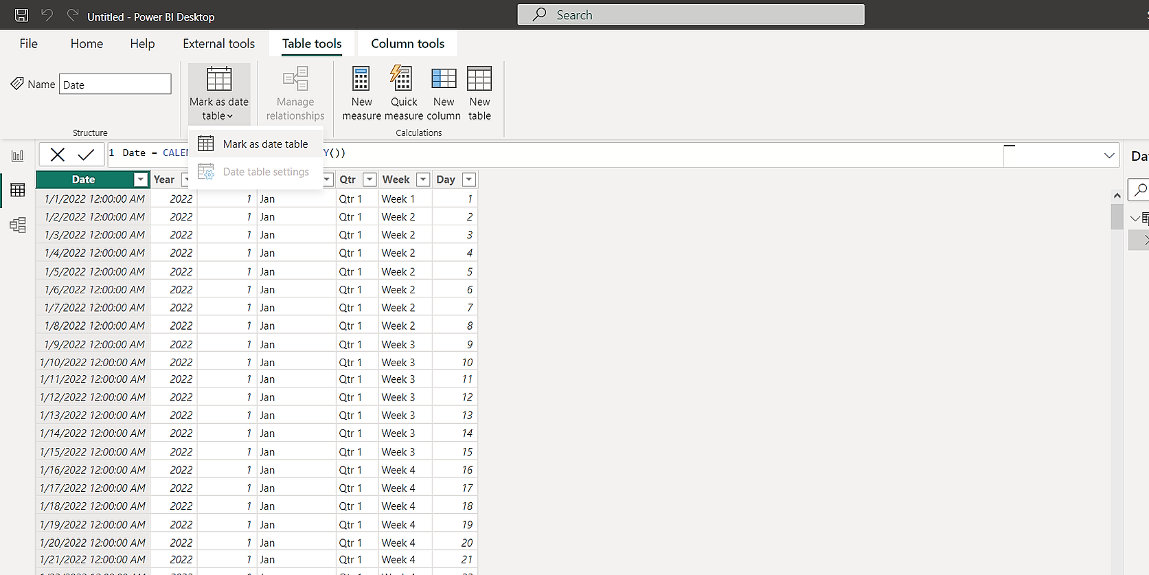 Showing how to use and find the Mark as the Date Table option in Power BI