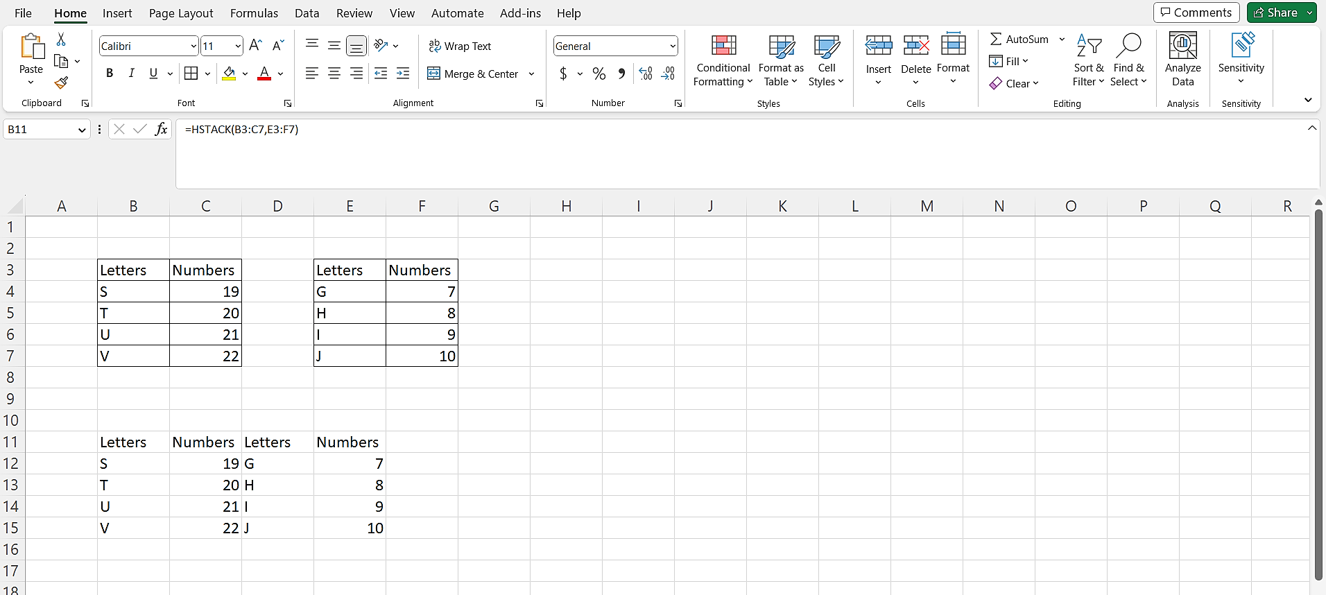 A spreadsheet showing the fundamental syntax for the HSTACK function
