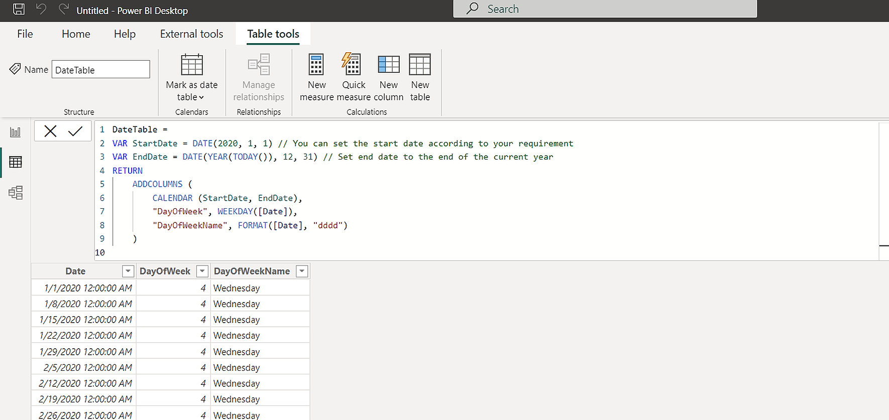 A DAX script that creates a date table