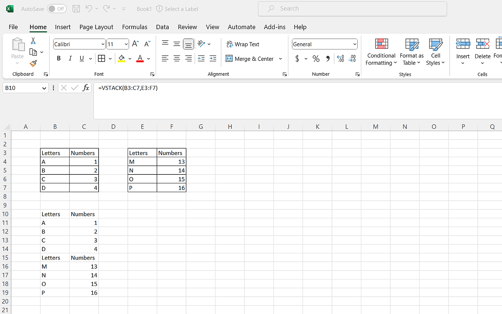 A spreadsheet showing the fundamental syntax for the VSTACK