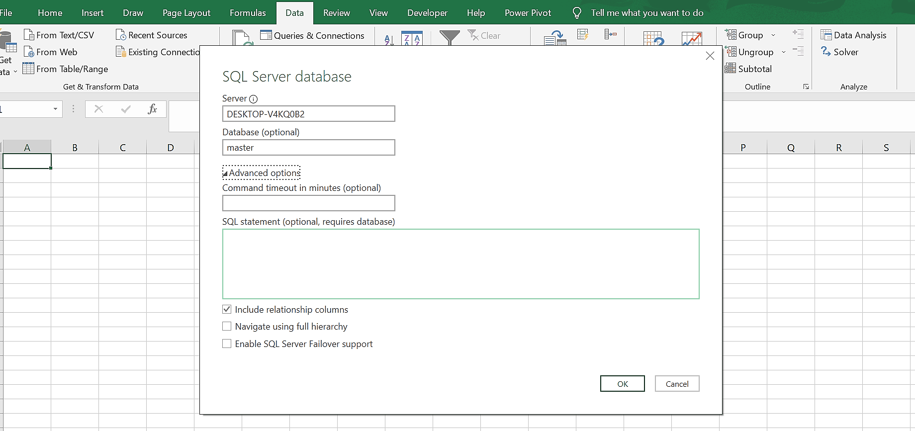 Formulir yang meminta pengguna untuk memasukkan tabel dan nama database mereka sehingga Power Query dapat terhubung dengannya