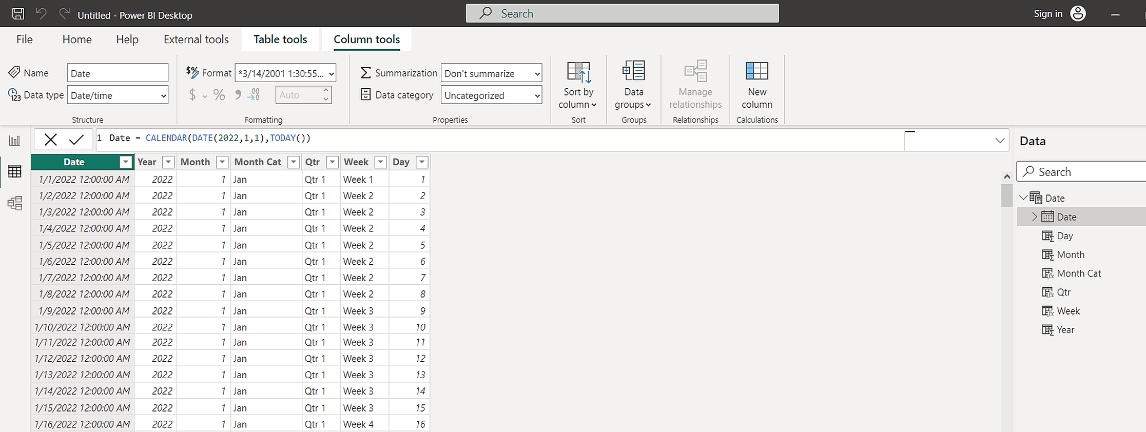 Membuat Tabel Tanggal di Power Bi menggunakan fungsi CALENDAR() dan TODAY()