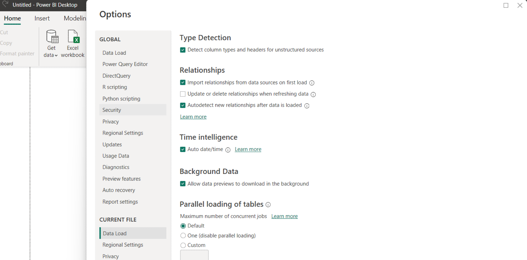 Pengaturan Power Bi menampilkan cara mengaktifkan Tanggal/Waktu Otomatis