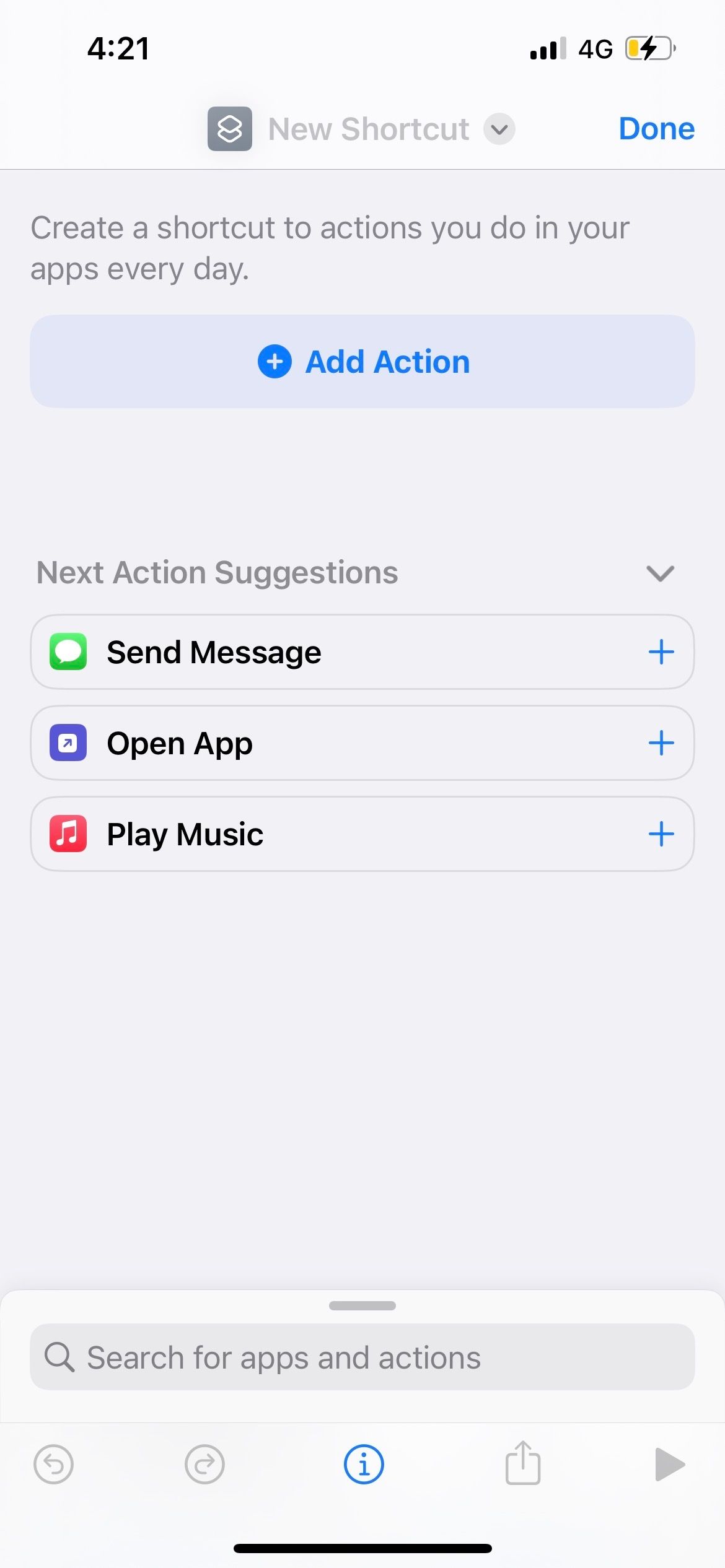 add new shortcut in iphone shortcuts app