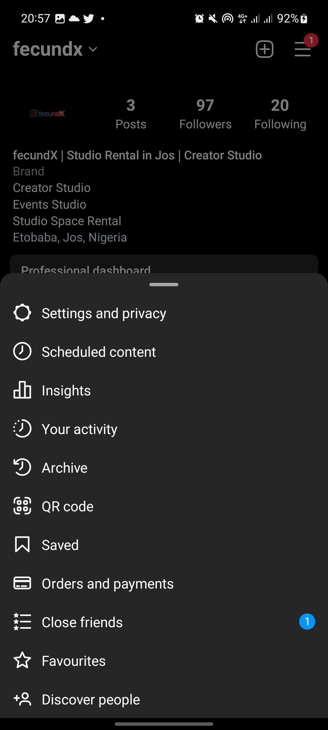 Instagram profile menu page on android