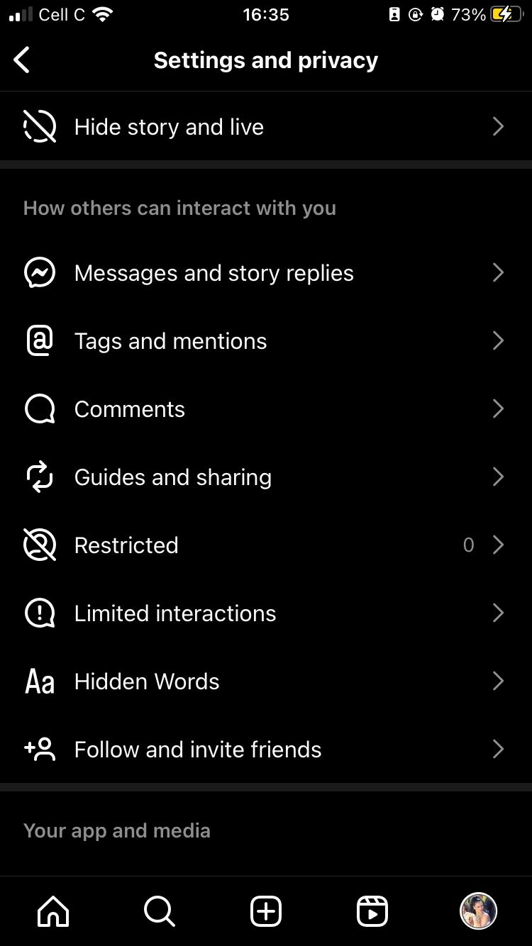 instagram settings and privacy page on mobile app