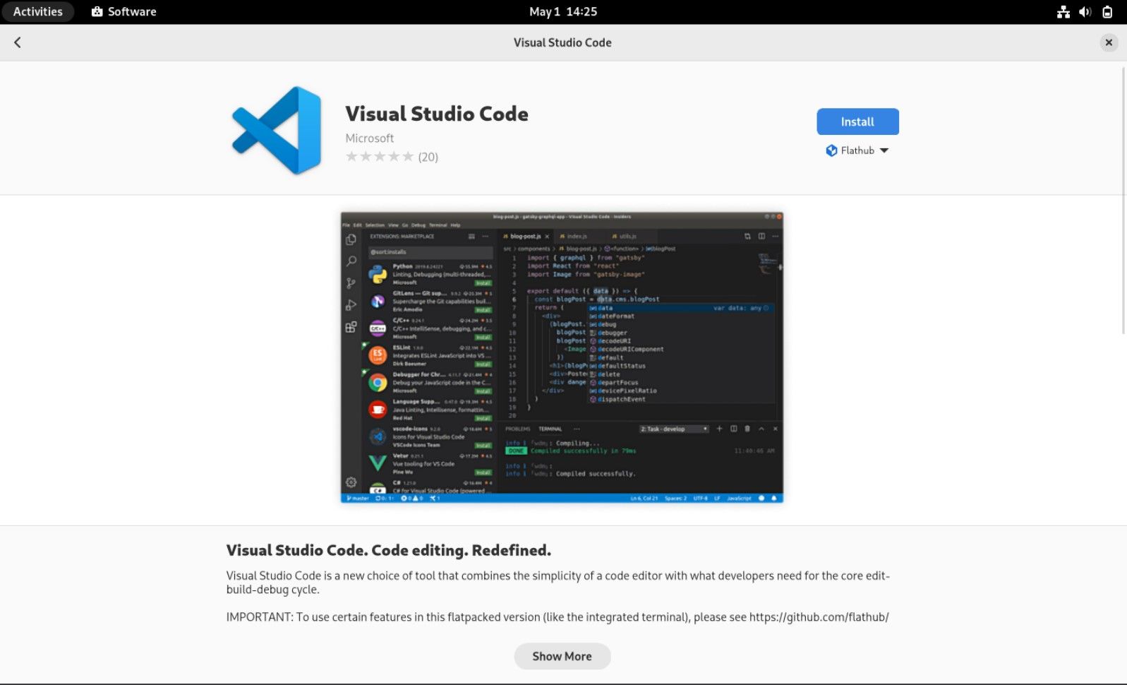 Visual Studio Code software details on Software Catalog, Arch Linux