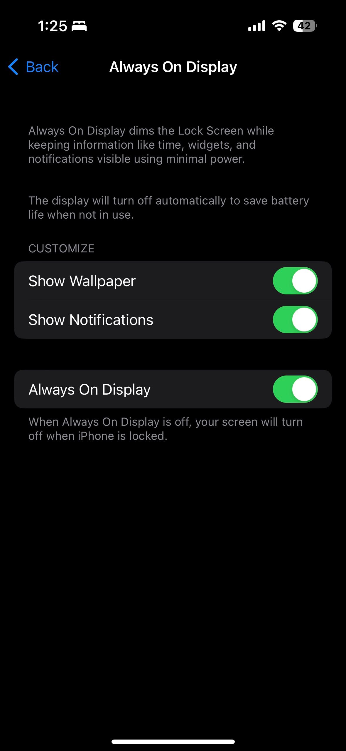 The Always On Display options within the Settings app on iOS 16