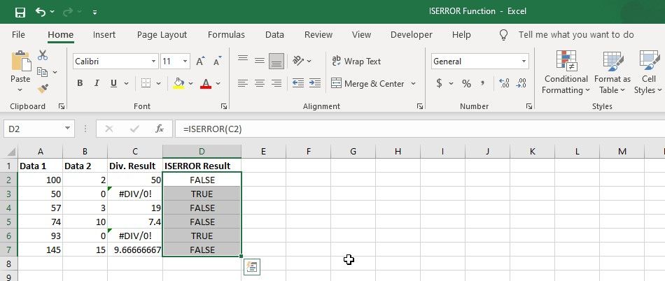 Memeriksa kesalahan pembagian di Excel menggunakan fungsi ISERROR