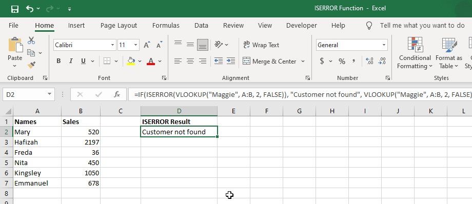 Contoh menggunakan ISERROR dengan VLOOKUP untuk memeriksa kesalahan N/A di Excel