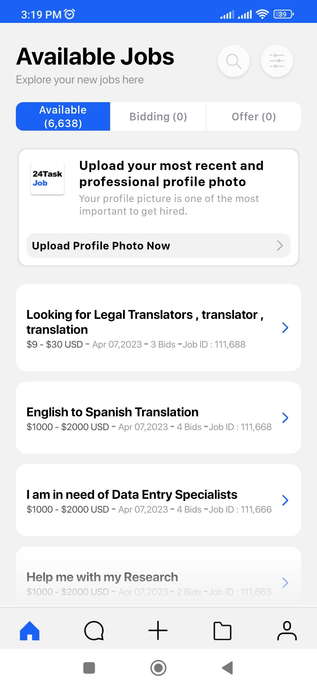 Jobs page in the 24Task app