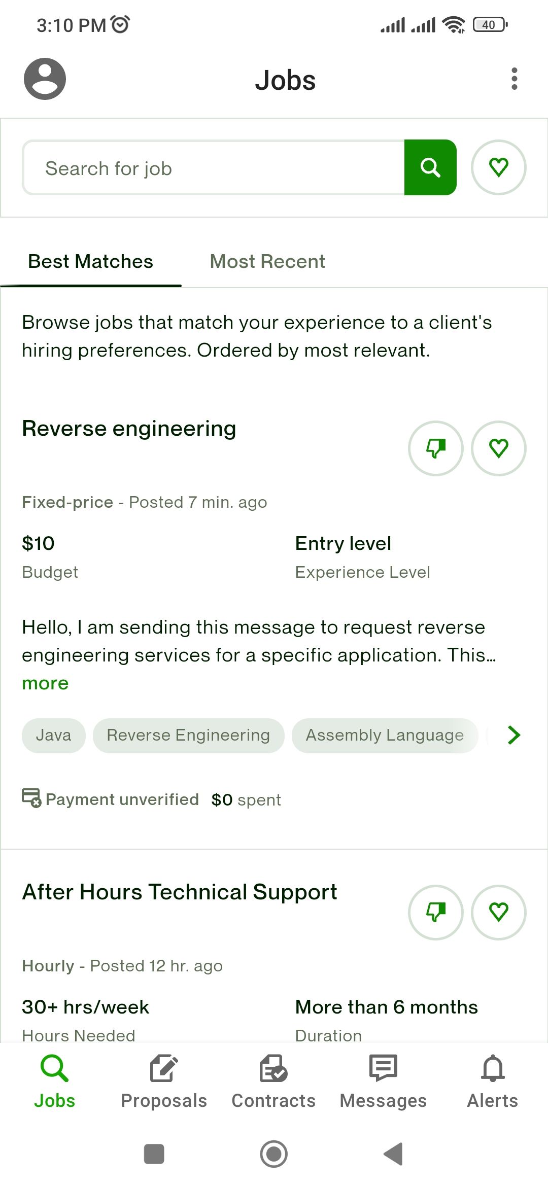 Jobs page in the Upwork app