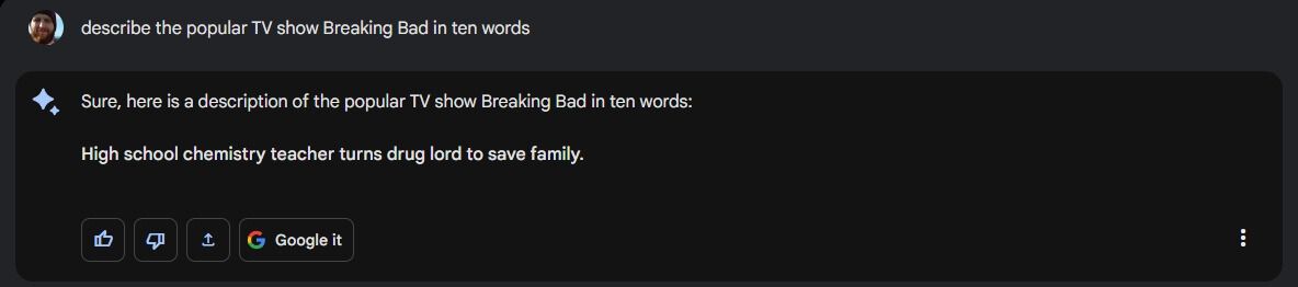 Google Bard mendeskripsikan acara Breaking Bard TV dalam sepuluh kata