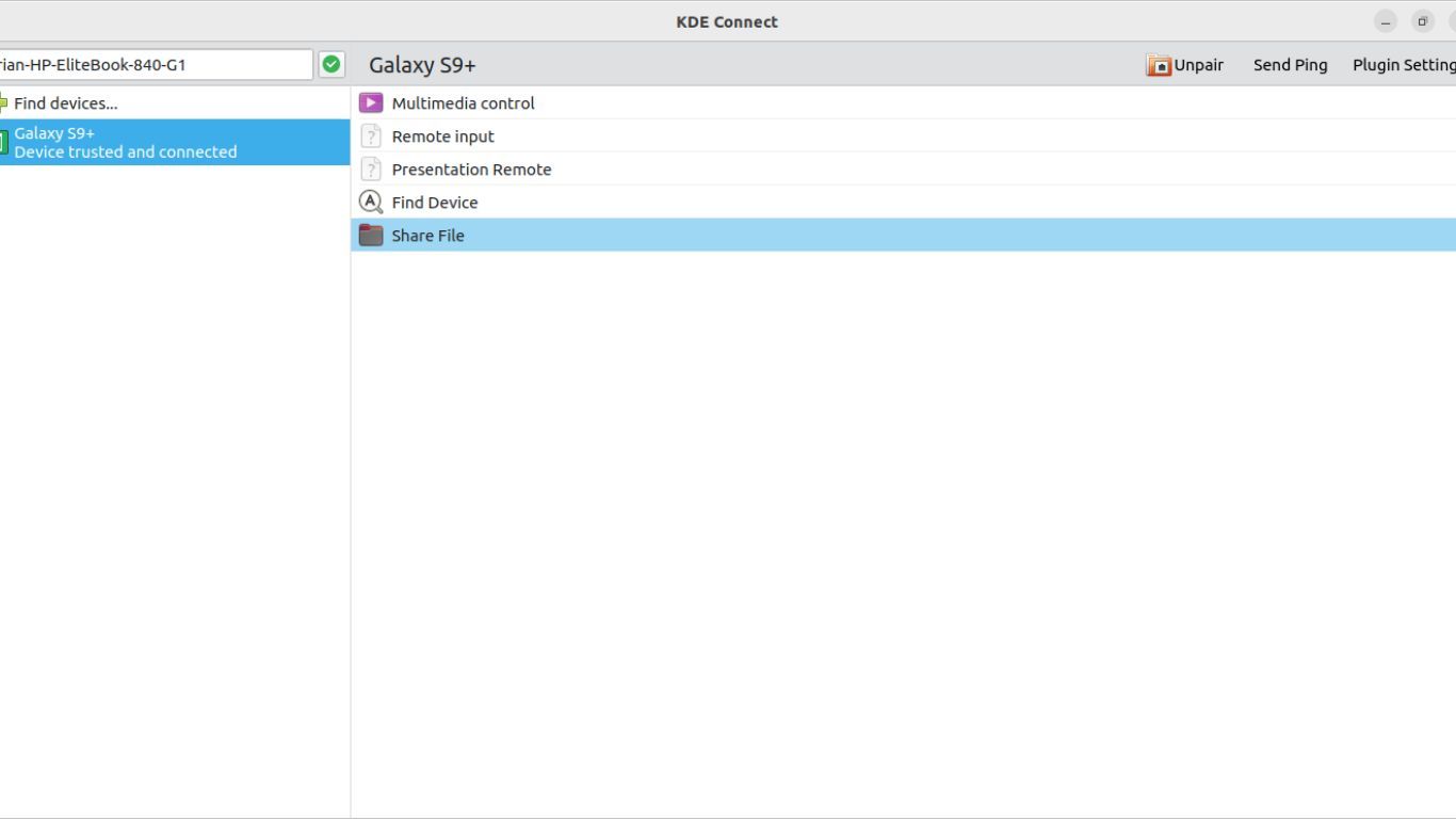 KDE Connect PC filesharing interface