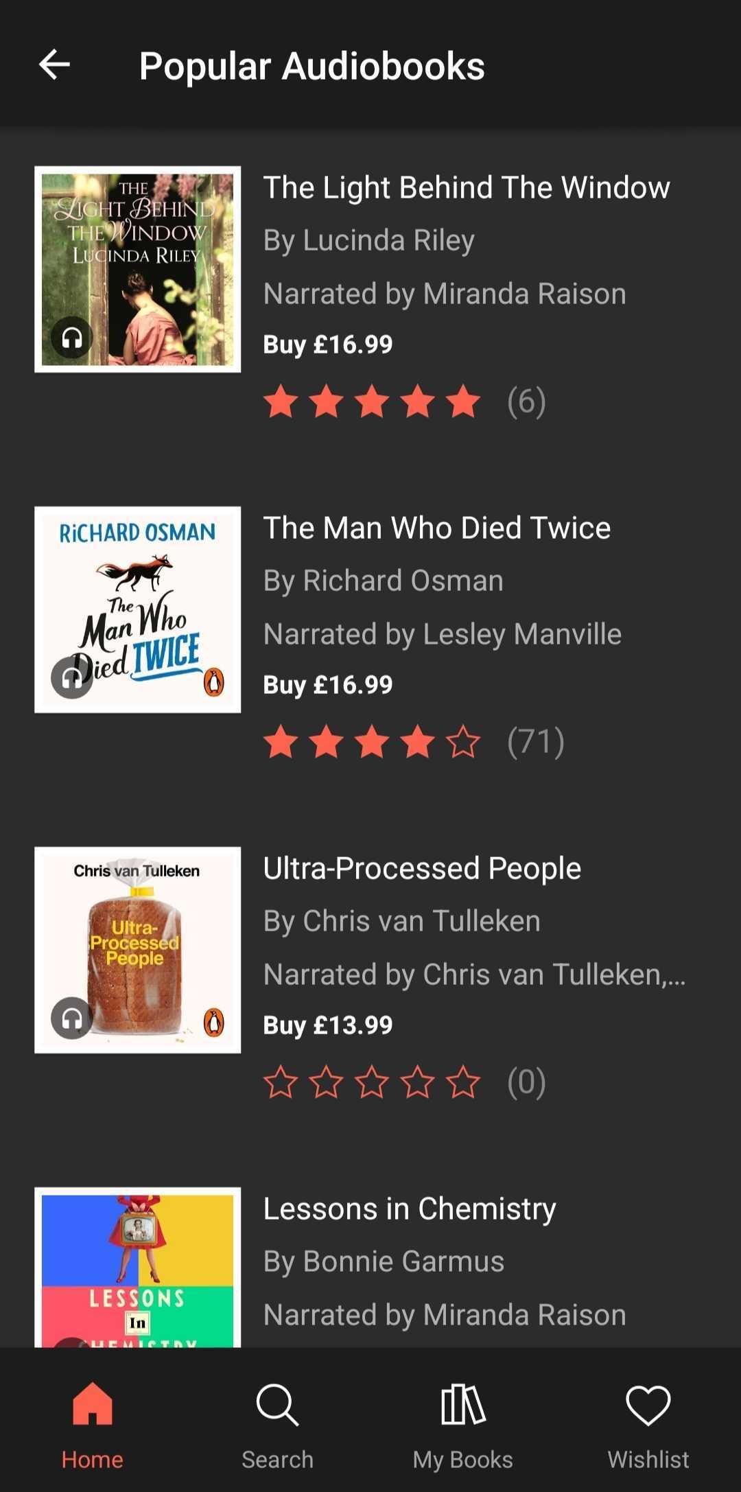 screenshot of kobo books app popular audiobooks list