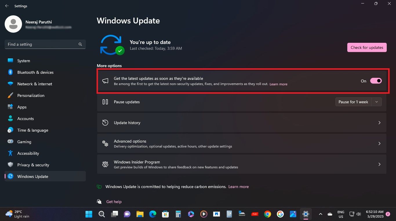 Página de atualização do Windows com as últimas atualizações ativadas