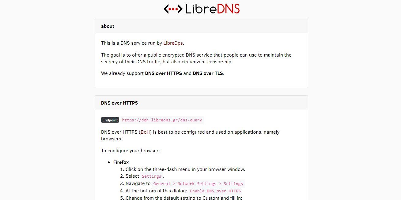 اسکرین شات از صفحه فرود DNS مسدود کردن تبلیغات LibreDNS