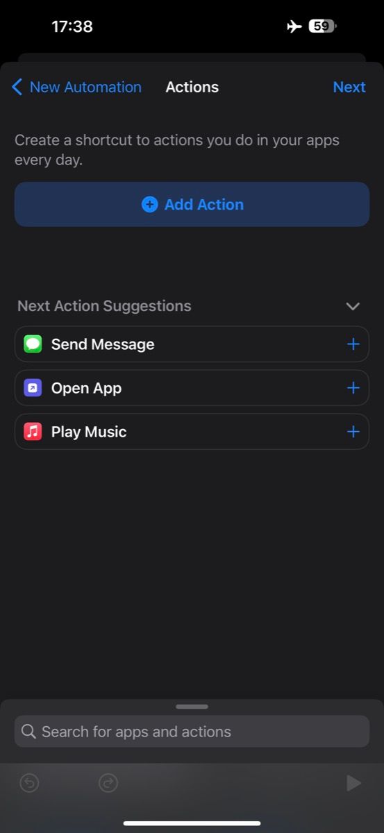 action set up window in Shortcuts